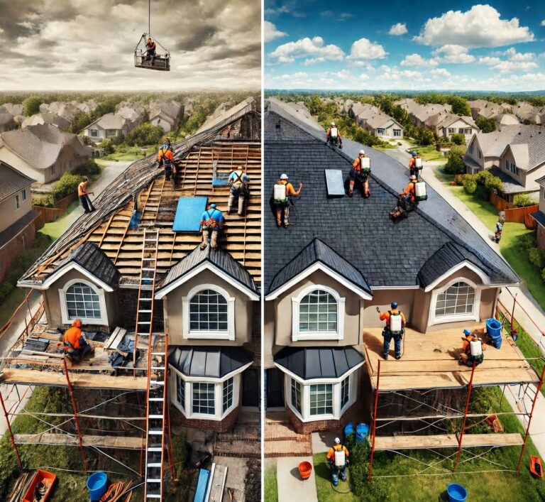 Side-by-side comparison of a full roof replacement (left) versus a roof treated with GoNano rejuvenation (right), showing the difference in scope and disruption